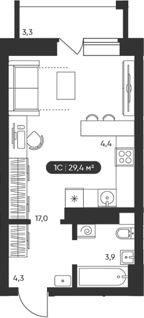 Планировка студии 29.40 м² в ЖК «Черемушки на Приморской»