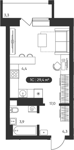 Планировка студии 29.40 м² в ЖК «Черемушки на Приморской»