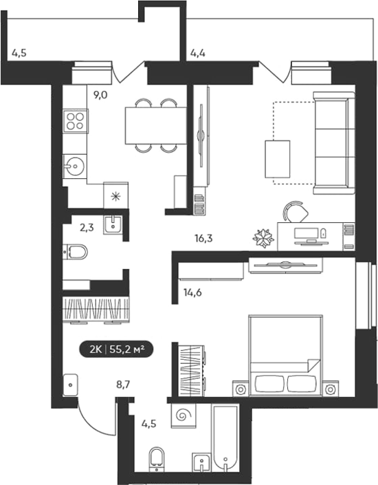 Планировка 2-к.кв 55.20 м² в ЖК «Черемушки на Приморской»