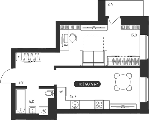 Планировка 1-к.кв 40.40 м² в ЖК «Черемушки на Приморской»
