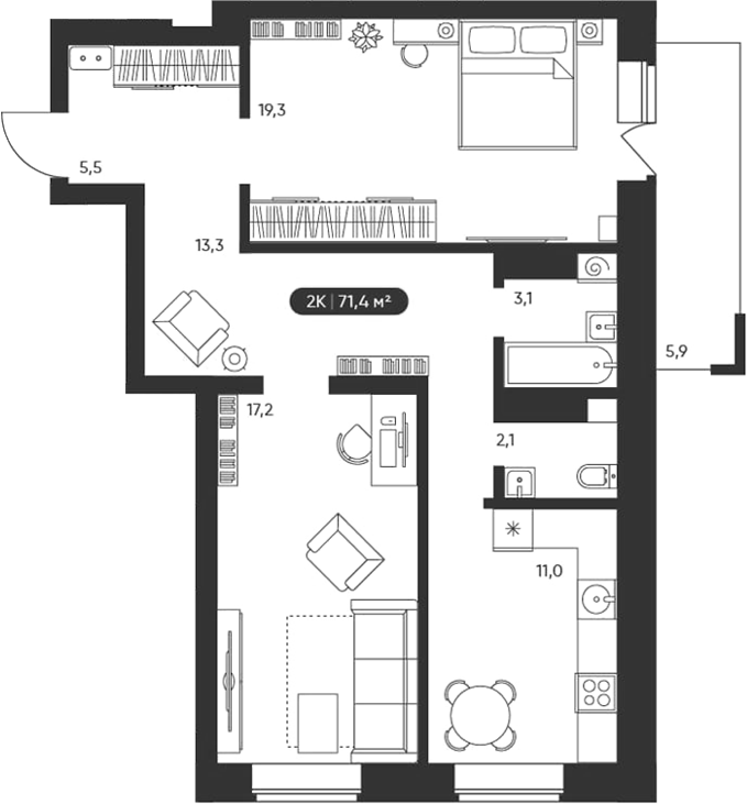 Планировка 2-к.кв 71.40 м² в ЖК «Черемушки на Приморской»
