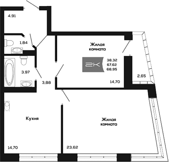 Планировка 2-к.кв 67.62 м² в ЖК «Салют»