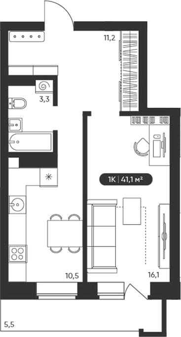 Планировка 1-к.кв 41.10 м² в ЖК «Черемушки на Приморской»