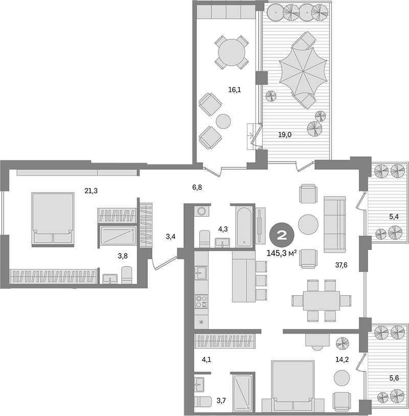 Планировка 4е-к.кв 123.00 м² в ЖК «Пшеница»