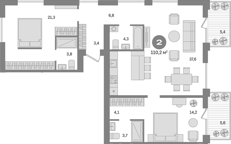 Планировка 3е-к.кв 106.90 м² в ЖК «Пшеница»