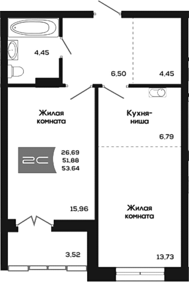Планировка 2е-к.кв 51.88 м² в ЖК «Салют»