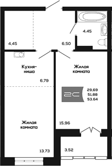 Планировка 2е-к.кв 51.88 м² в ЖК «Салют»