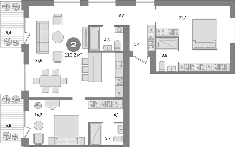 Планировка 3е-к.кв 98.80 м² в ЖК «Пшеница»