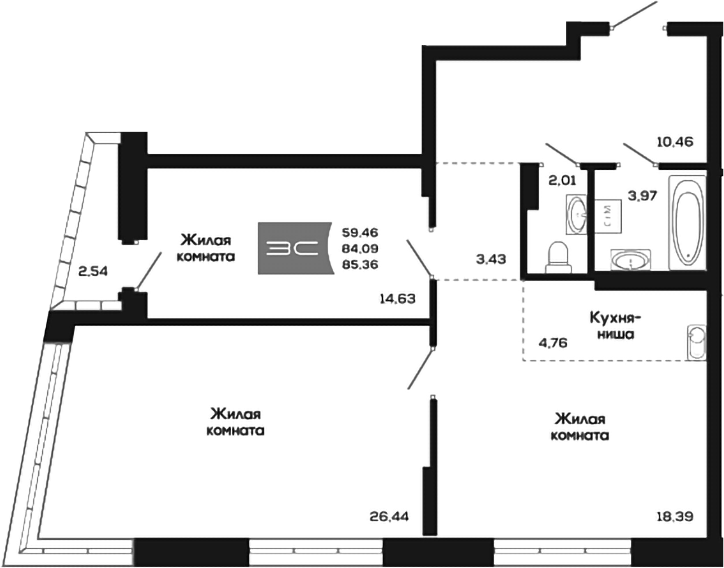 Планировка 3е-к.кв 84.09 м² в ЖК «Салют»
