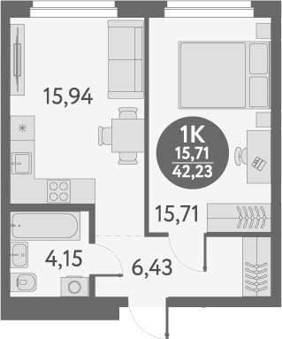 Планировка 1-к.кв 42.23 м² в ЖК «Первый на Титова»
