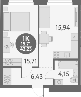 Планировка 1-к.кв 42.23 м² в ЖК «Первый на Титова»