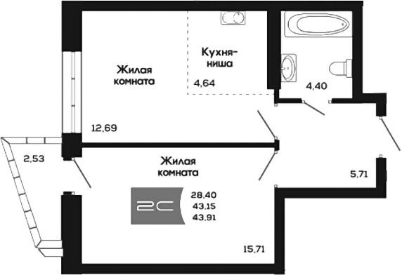 Планировка 2е-к.кв 43.15 м² в ЖК «Салют»