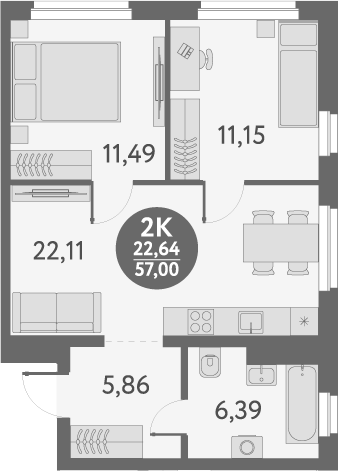 Планировка 2-к.кв 57.00 м² в ЖК «Первый на Титова»
