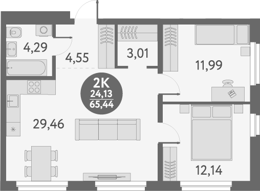 Планировка 2-к.кв 65.44 м² в ЖК «Первый на Титова»