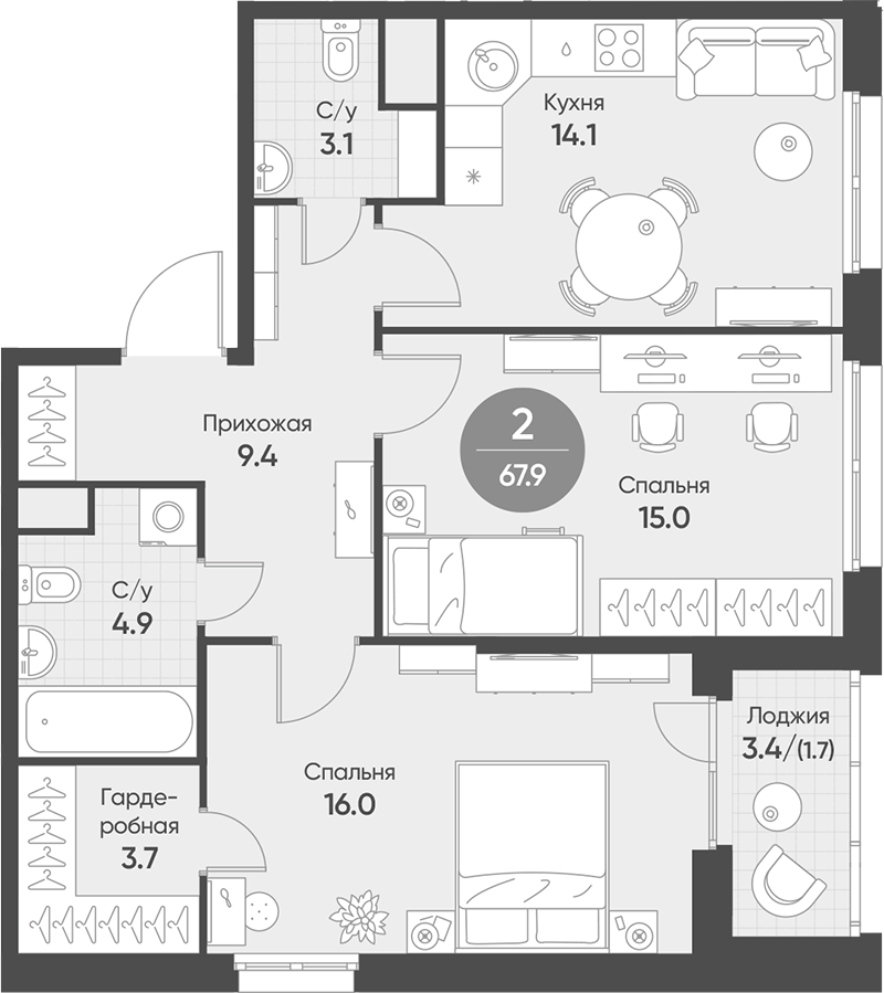 Планировка 2-к.кв 66.20 м² в ЖК «Счастье в Кольцово»