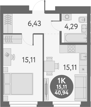 Планировка 1-к. квартира 40.94 м² в ЖК «Первый на Титова»