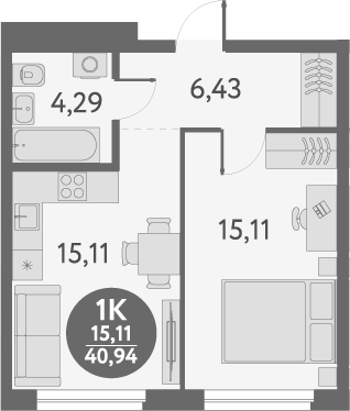 Планировка 1-к.кв 40.94 м² в ЖК «Первый на Титова»