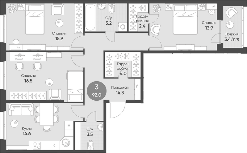 Планировка 3-к.кв 90.30 м² в ЖК «Счастье в Кольцово»