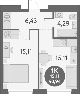 Планировка 1-к. квартира 40.94 м² в ЖК «Первый на Титова»
