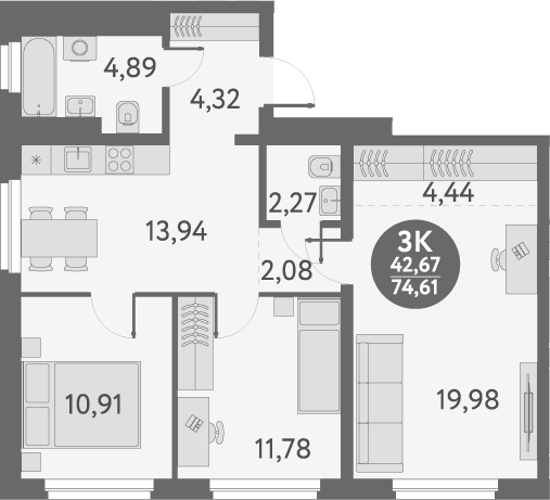Планировка 3-к.кв 74.61 м² в ЖК «Первый на Титова»