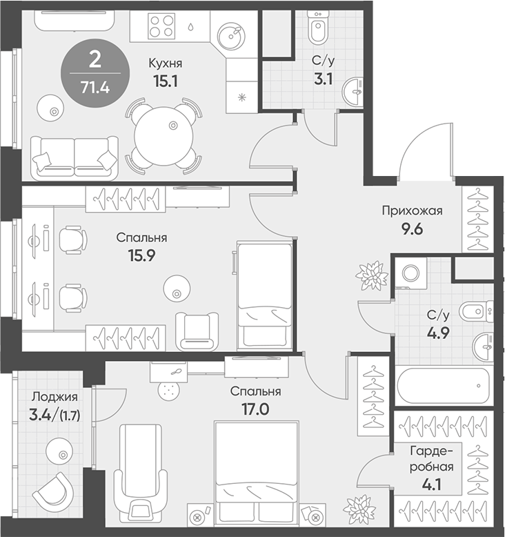Планировка 3е-к.кв 69.70 м² в ЖК «Счастье в Кольцово»
