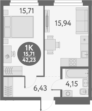 Планировка 1-к.кв 42.23 м² в ЖК «Первый на Титова»