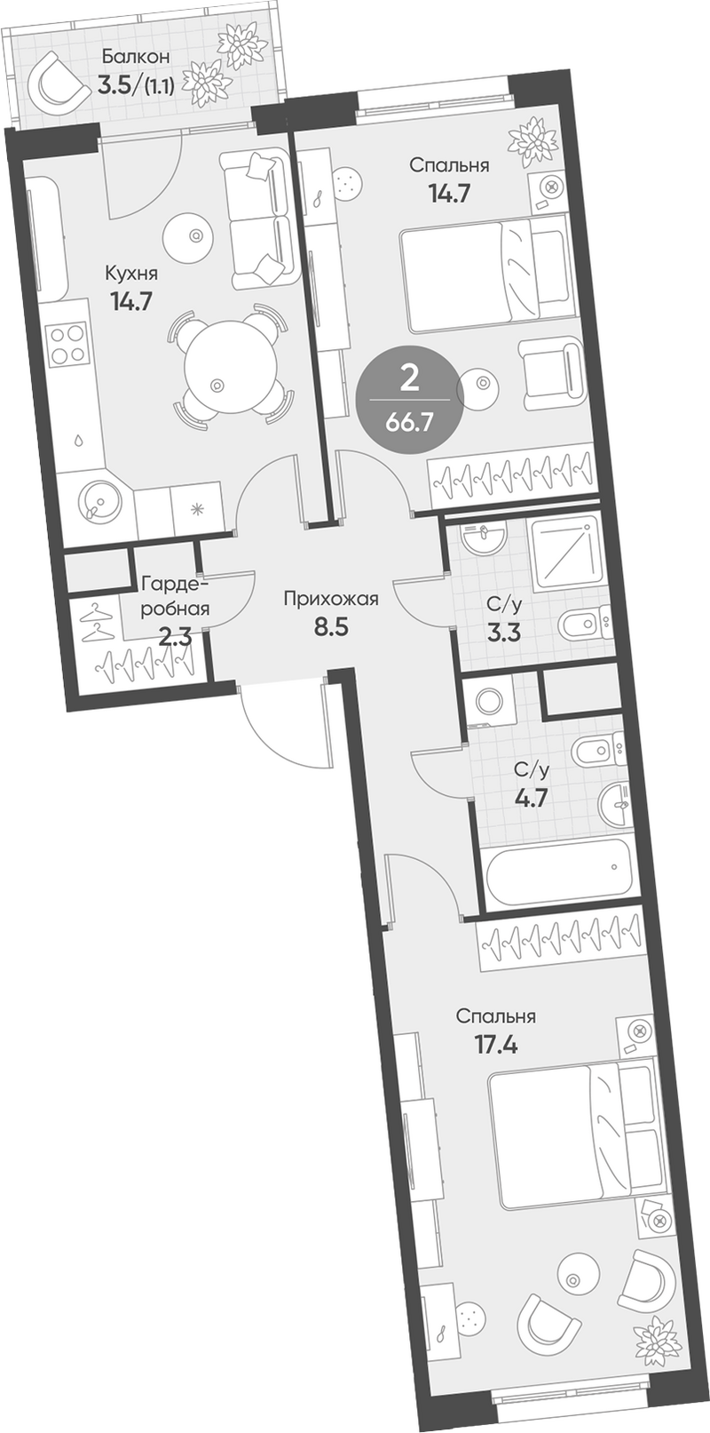 Планировка 2-к.кв 65.60 м² в ЖК «Счастье в Кольцово»