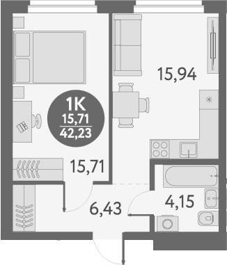 Планировка 1-к.кв 42.23 м² в ЖК «Первый на Титова»