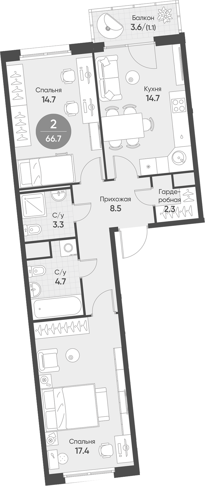 Планировка 2-к.кв 65.60 м² в ЖК «Счастье в Кольцово»