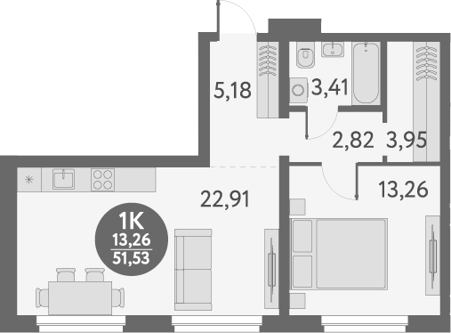 Планировка 1-к. квартира 51.53 м² в ЖК «Первый на Титова»