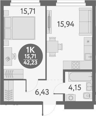 Планировка 1-к. квартира 42.23 м² в ЖК «Первый на Титова»