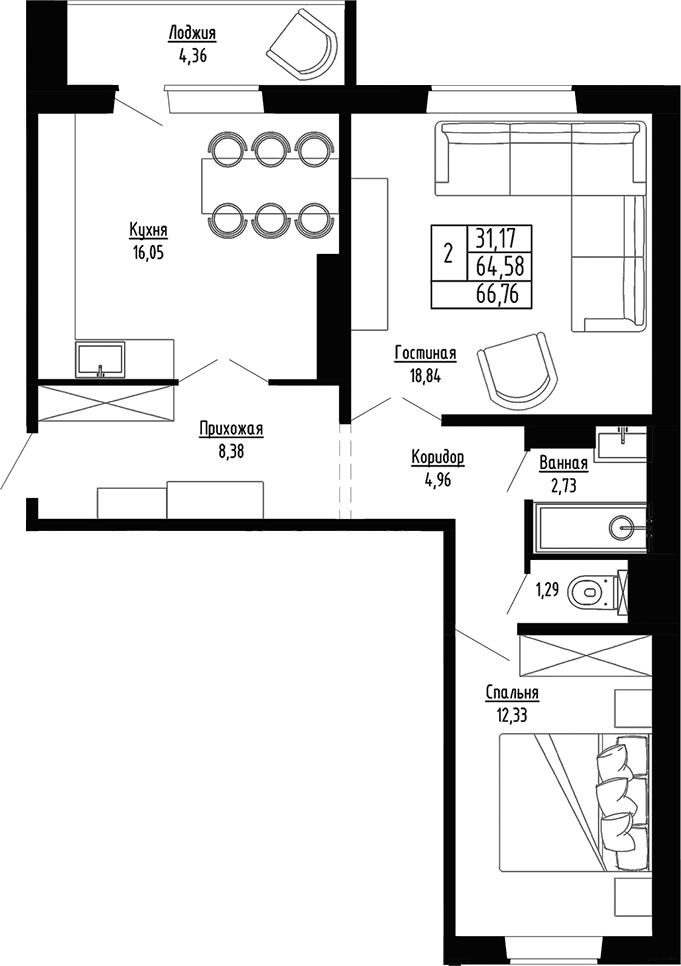 Планировка 2-к.кв 64.58 м² в ЖК «Гранатовый»