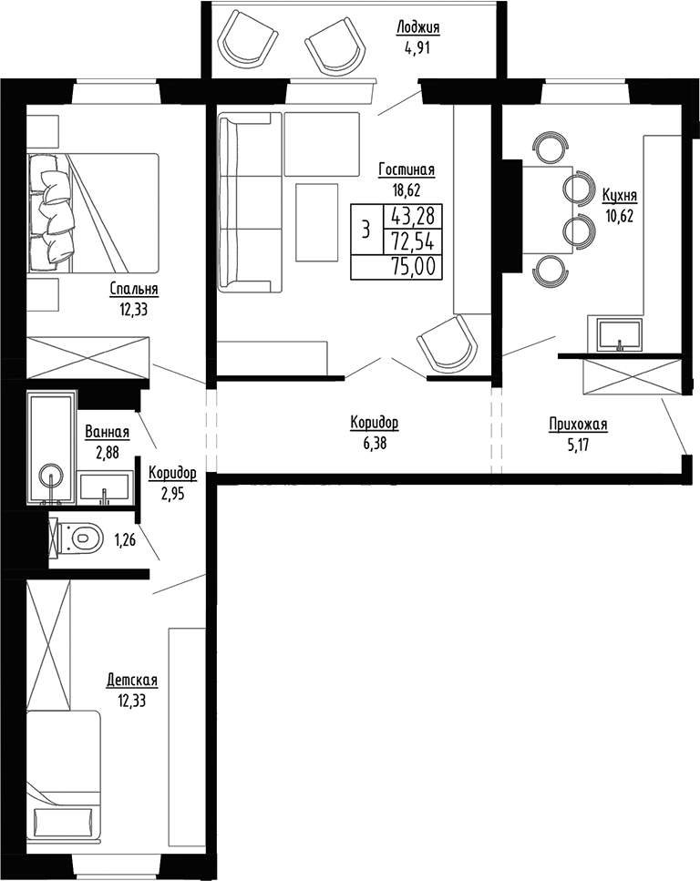 Планировка 3-к.кв 72.54 м² в ЖК «Гранатовый»