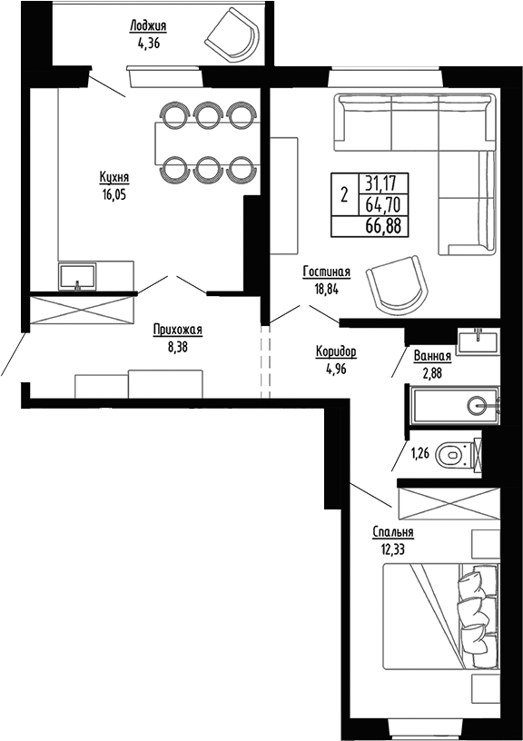 Планировка 2-к.кв 64.70 м² в ЖК «Гранатовый»