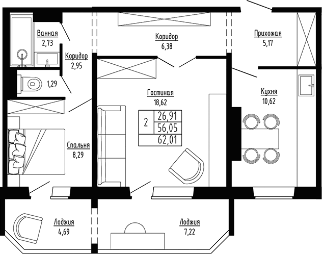 Планировка 2-к.кв 56.05 м² в ЖК «Гранатовый»