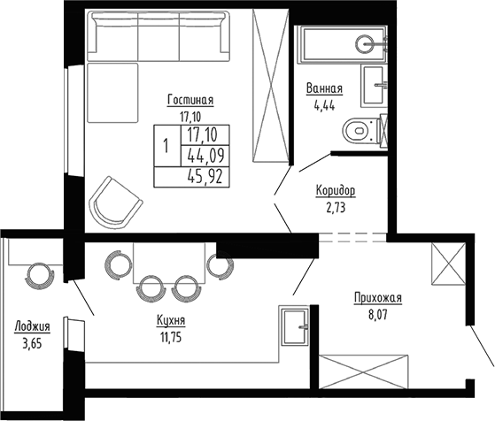 Планировка 1-к.кв 44.09 м² в ЖК «Гранатовый»