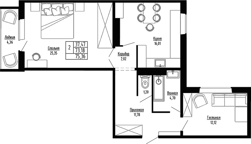 Планировка 2-к.кв 73.18 м² в ЖК «Гранатовый»