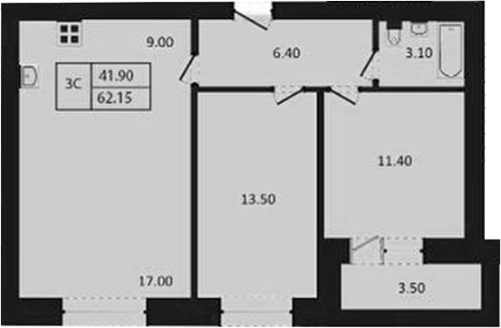 Планировка 3е-к.кв 60.40 м² в ЖК «Дивноград»
