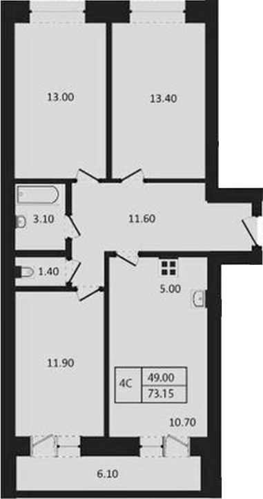 Планировка 4е-к.кв 70.10 м² в ЖК «Дивноград»