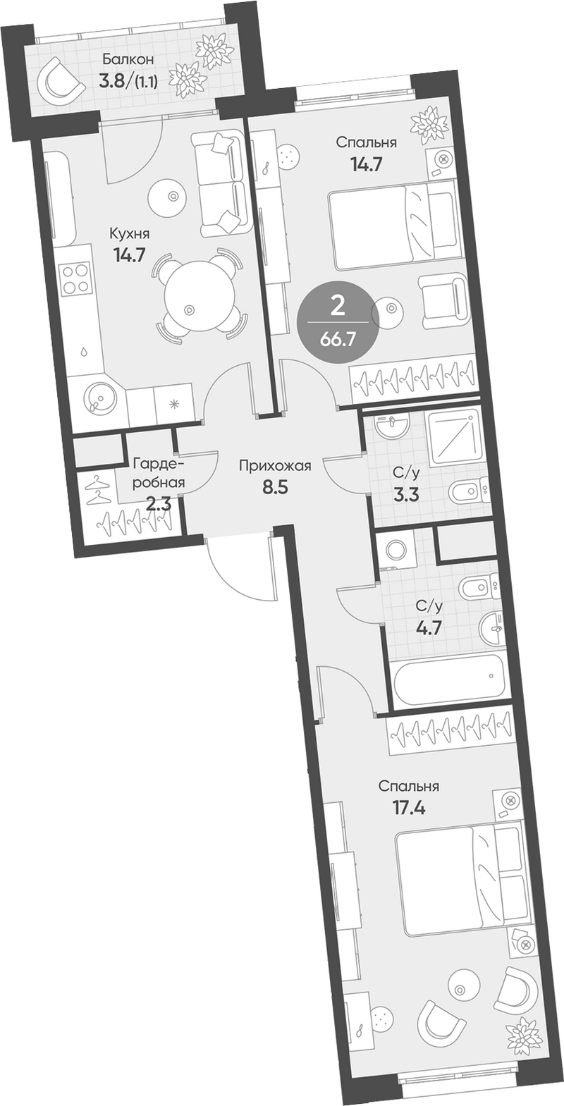 Планировка 2-к.кв 65.60 м² в ЖК «Счастье в Кольцово»