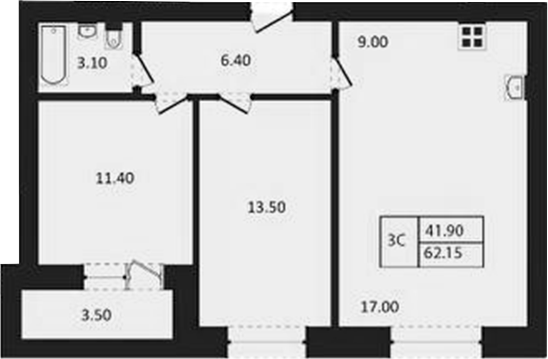 Планировка 3е-к.кв 60.40 м² в ЖК «Дивноград»