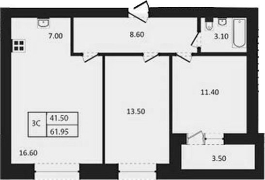 Планировка 3е-к.кв 60.20 м² в ЖК «Дивноград»