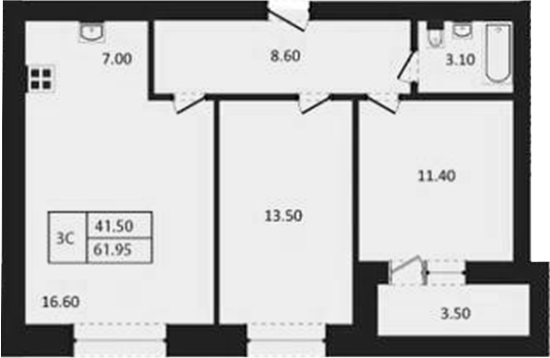 Планировка 3е-к.кв 60.20 м² в ЖК «Дивноград»