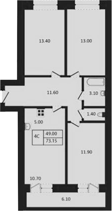 Планировка 4е-к.кв 70.10 м² в ЖК «Дивноград»