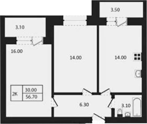 Планировка 2-к.кв 53.75 м² в ЖК «Дивноград»