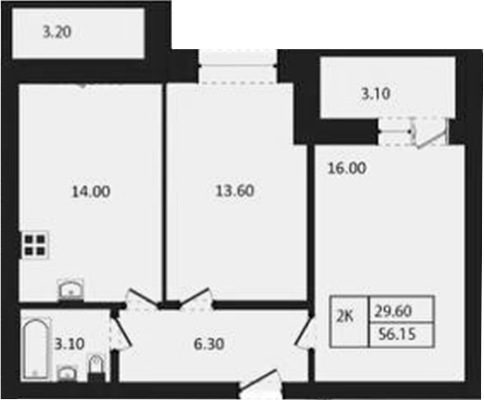 Планировка 2-к.кв 53.64 м² в ЖК «Дивноград»