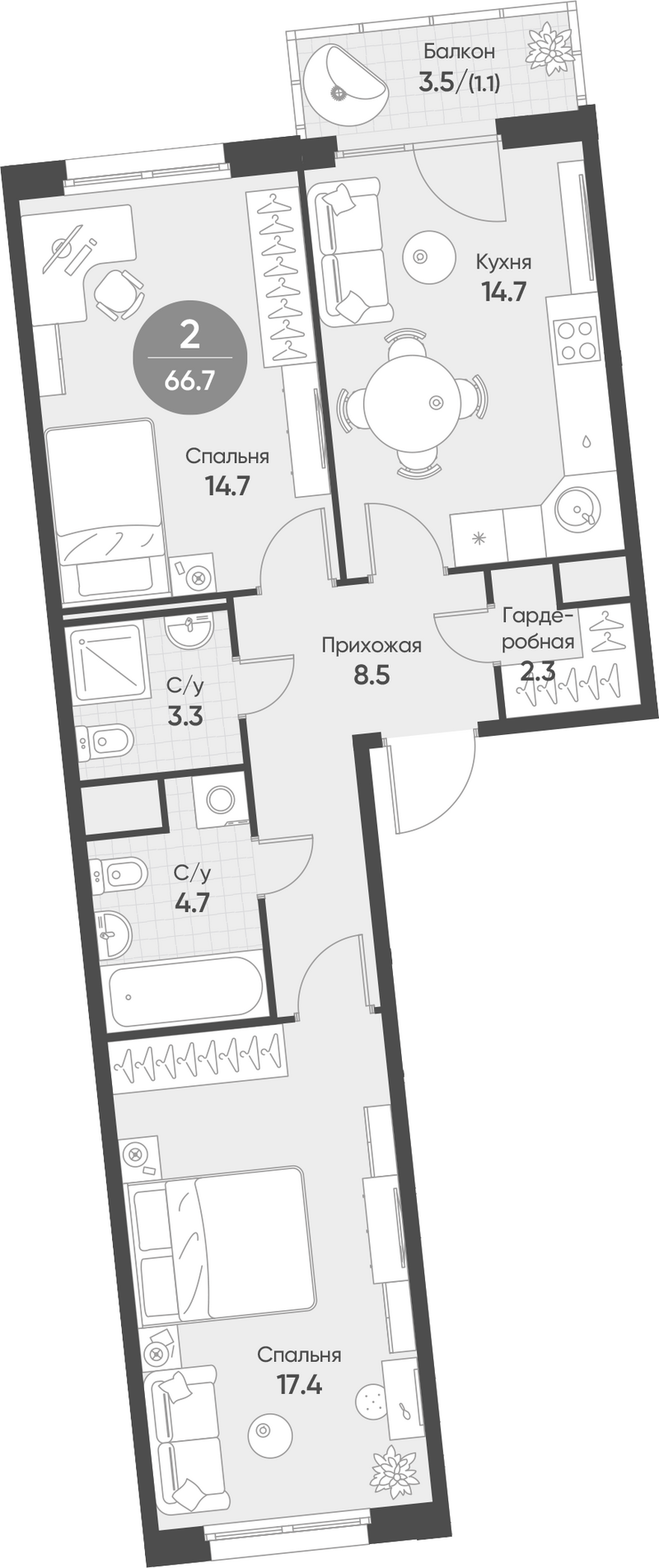 Планировка 2-к.кв 65.60 м² в ЖК «Счастье в Кольцово»