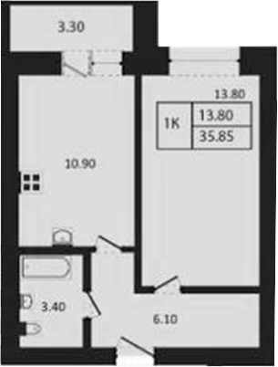 Планировка 1-к.кв 34.92 м² в ЖК «Дивноград»