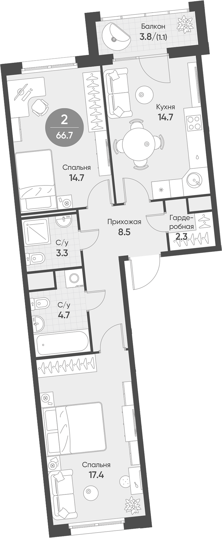 Планировка 2-к.кв 65.60 м² в ЖК «Счастье в Кольцово»