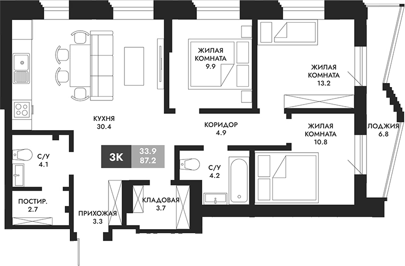 Планировка 3-к.кв 90.60 м² в ЖК «Паскаль»